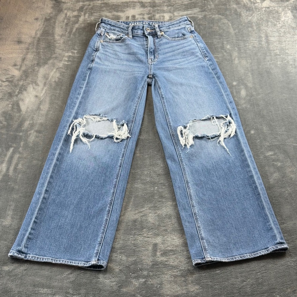 American Eagle Super High Rise Baggy Wide Leg Distressed Jeans 00 Short Blue